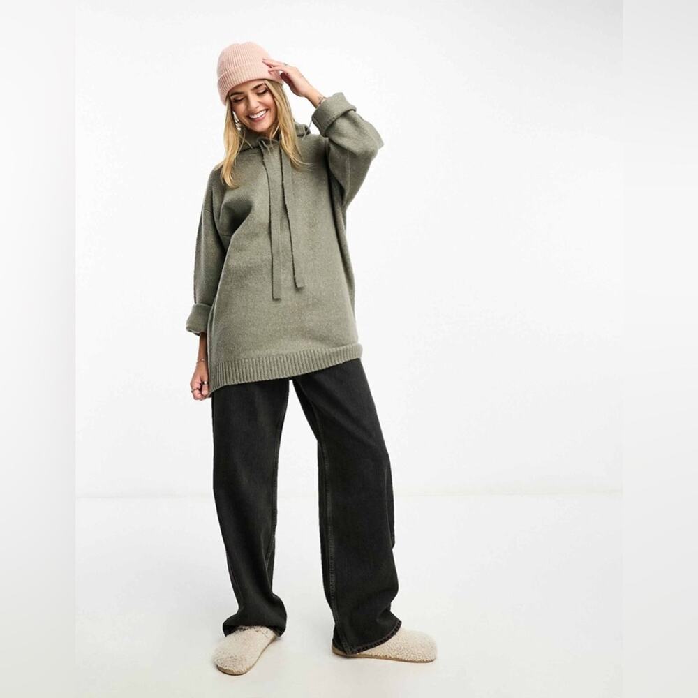 Miss Selfridge Knit Oversize Longline Hoodie Sweater in Green Womens Size Large